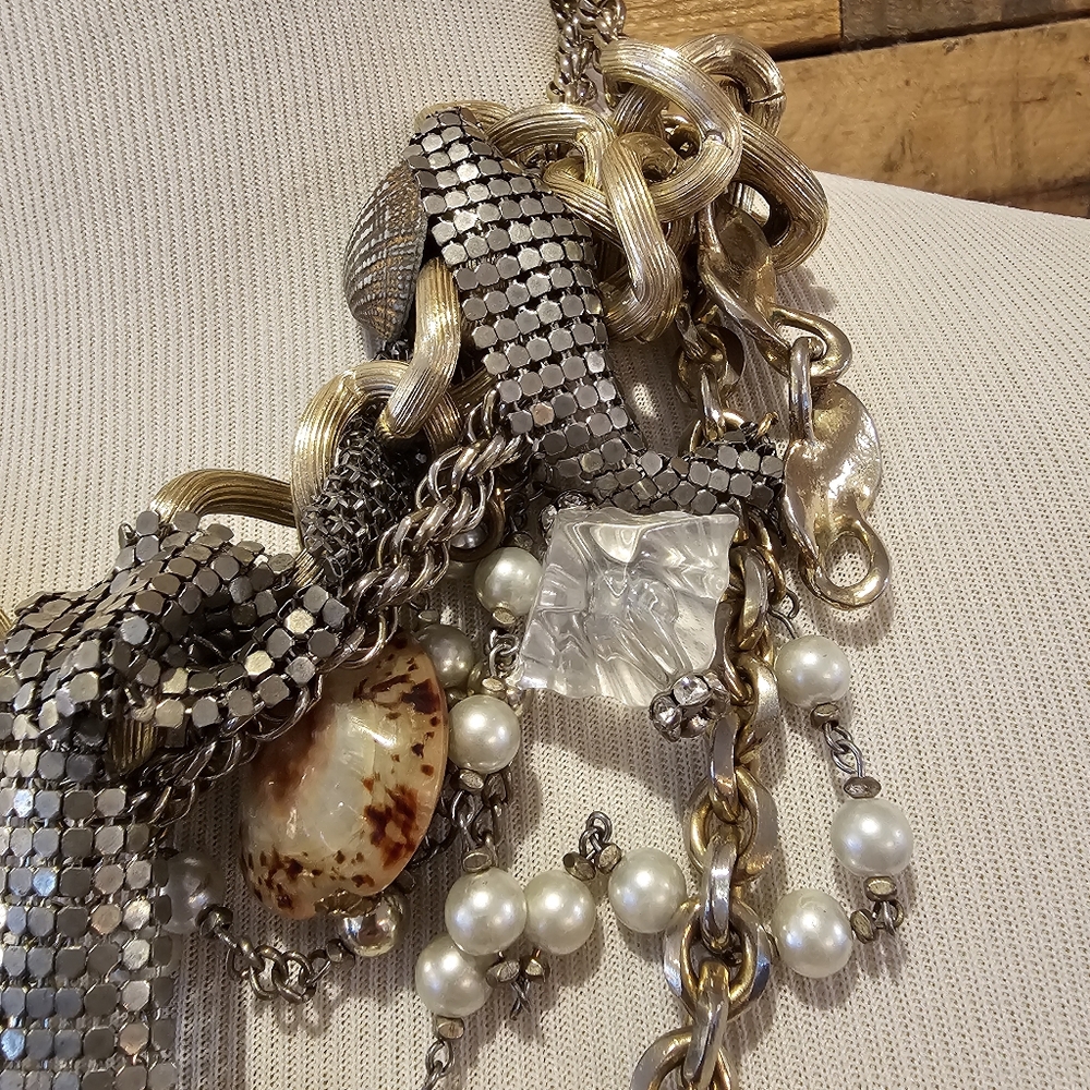 Mishka Piaf goldtone statement necklace made with repurposed vintage jewelry - Picture 4 of 11